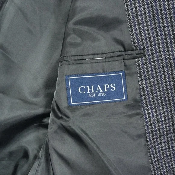 Chaps Mens 44L 100% Wool Houndstooth Sport Coat Blazer Grey Blue Elbow Patches - Picture 6 of 11